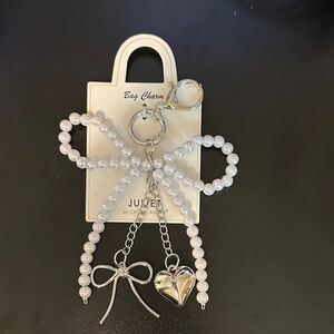 Pearl Bow & Heart Keychain Bag Charm - White